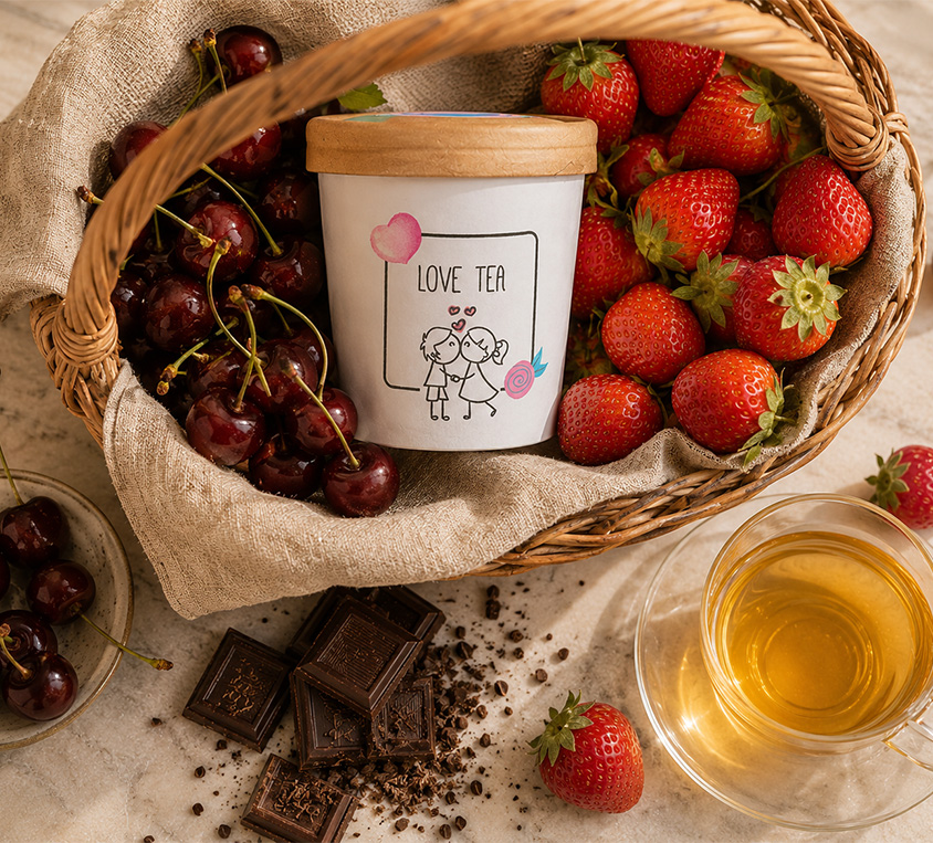 Love Tea Leo Tea – elegancki kubek tekturowy z dekoracyjnym nadrukiem z zielona herbata dla zakochanych